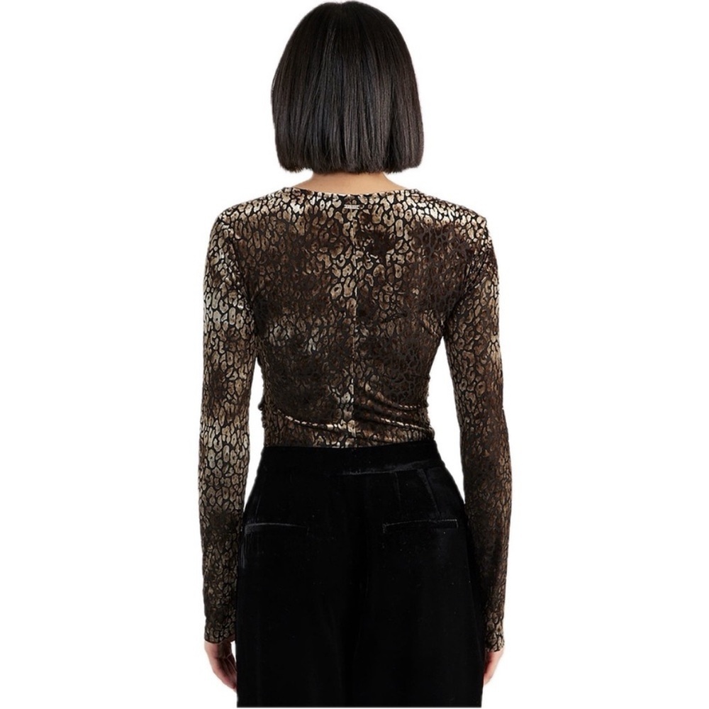 GUESS Belinda Velvet Leopard Bodysuit NWT Brown Flocked Animal Print Wrap V-Neck - Picture 2 of 7